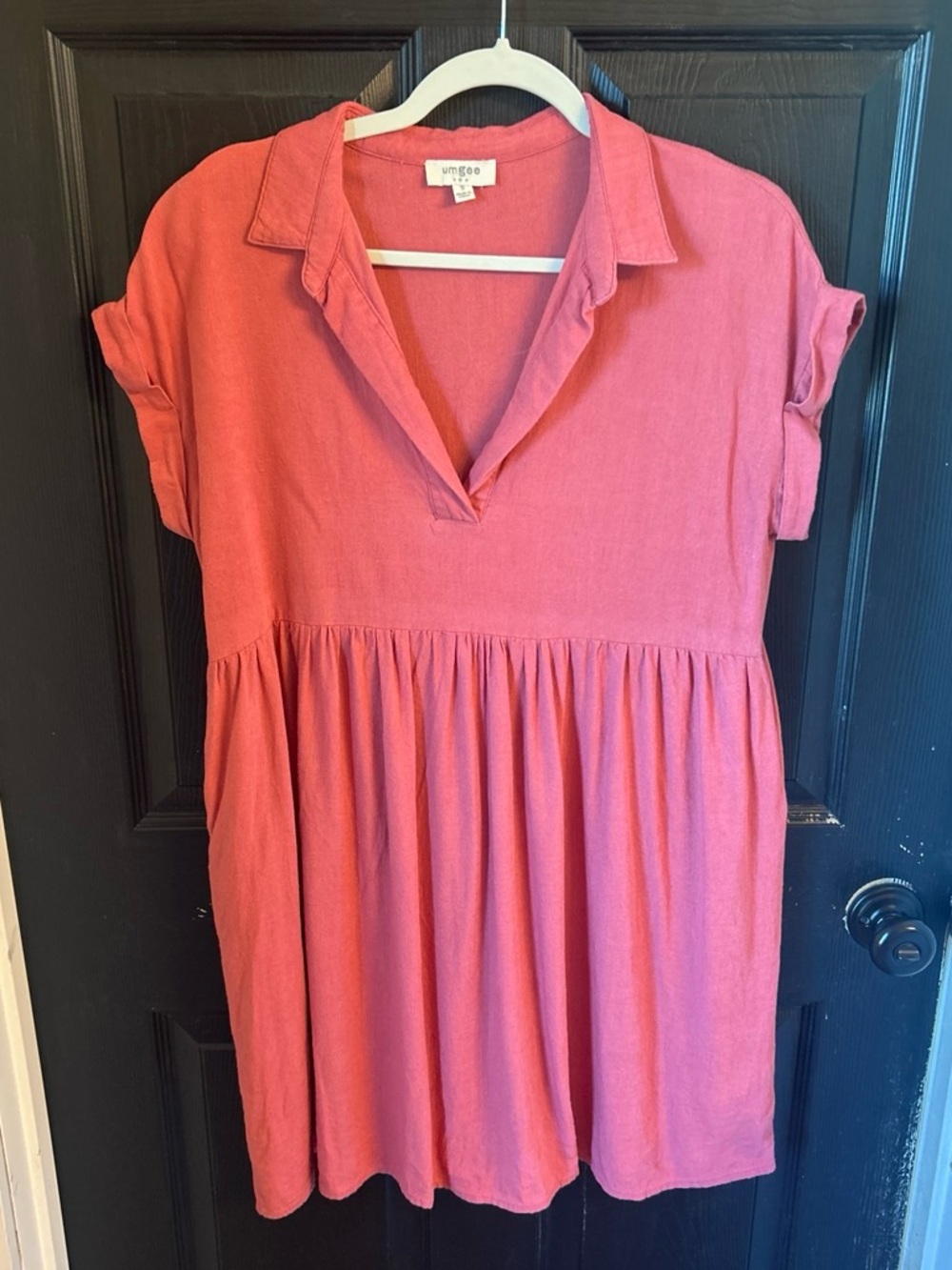 Umgee Coral Pink Short Sleeve V-Neck Babydoll Dress